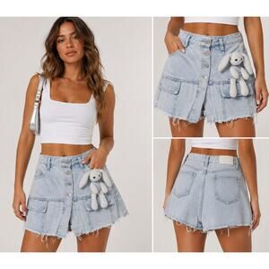 Kroche Paris Denim Skort 8 Light Wash Cargo Streetwear Raw Hem Y2K Mini Festival